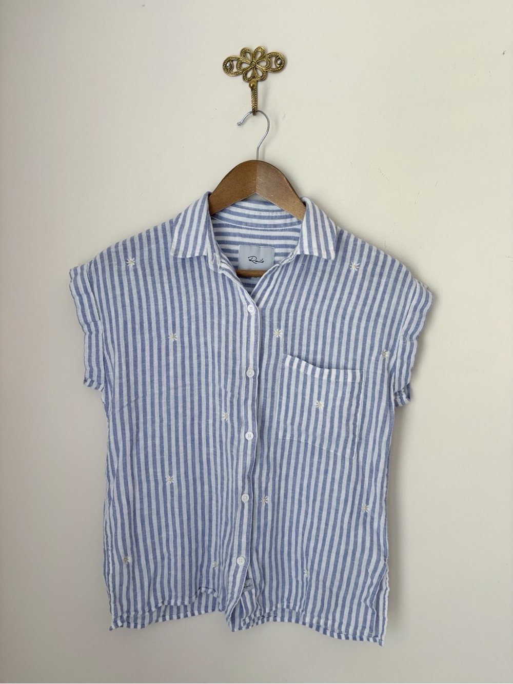Rails Daisy Embroidered Striped Linen Blend Shirt XS Coastal Cowgirl